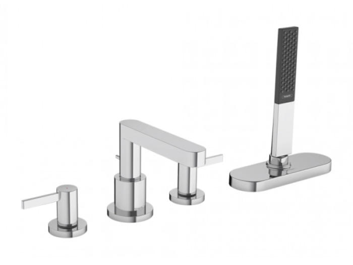 На изображении товар Смеситель на борт ванны Hansgrohe Finoris, на 4 отверстия, с ручным душем, внешняя часть, цвет хром от официального представителя в Москве