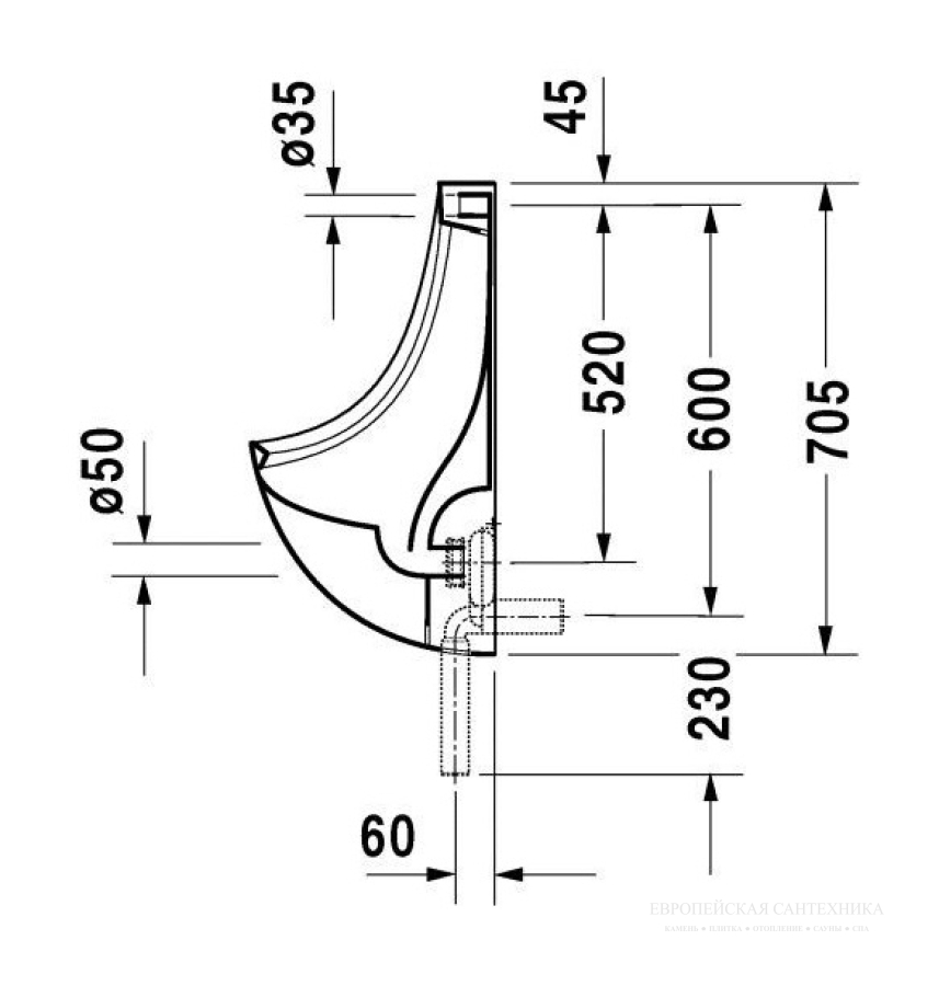 Писсуар Duravit Urinal Ben, 370 х 350 мм, цвет белый, модель без мушки - изображение 3