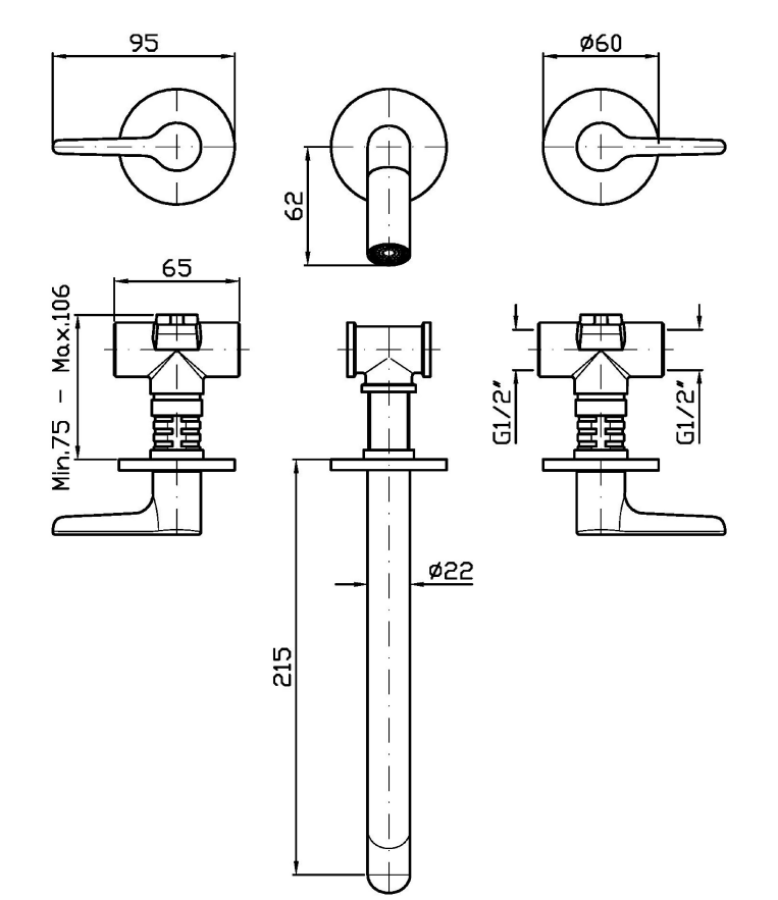 Смеситель для раковины Zucchetti Medameda, настенный, на 3 отверстия, излив 215 мм, внешняя часть, цвет Brushed Metal Black - изображение 2