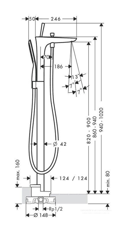 Cмеситель напольный Hansgrohe PuraVida,  для ванны, с ручным душем, 1 тип струи, шланг 125 см., цвет белый матовый/хром. - изображение 3