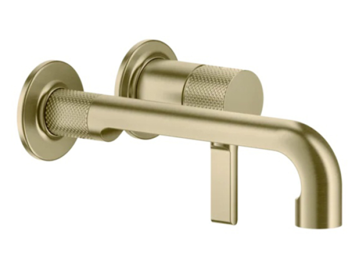 На изображении товар Смеситель для раковины Gessi Inciso, настенный, короткий излив, без донного клапана, встраиваемый, цвет Brushed Brass PVD от официального представителя в Москве
