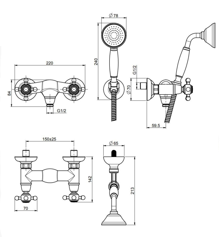 Душевой набор Carlo Frattini Elizabeth/Epoque: смеситель, ручной душ Ø78 мм и держатель, шланг из латуни 1500 мм, цвет бронза - изображение 1