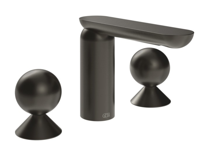 На изображении товар Смеситель для раковины Gessi Perle без донного клапана, с металлическими вентилями-сферами Black Metal Brushed PVD от официального представителя в Москве