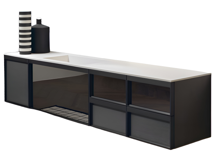 На изображении товар Тумба под раковину AntonioLupi Bemade, 900 х 375 мм, стекло Acidato Fume, Matita Goffrato от официального представителя в Москве