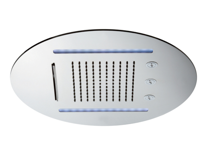 На изображении товар Верхний душ Newform, потолочный, 3 типа струй: дождевая, водопадная, распыления, хромотерапия, нержавеющая сталь, Ø400 мм, цвет хром от официального представителя в Москве