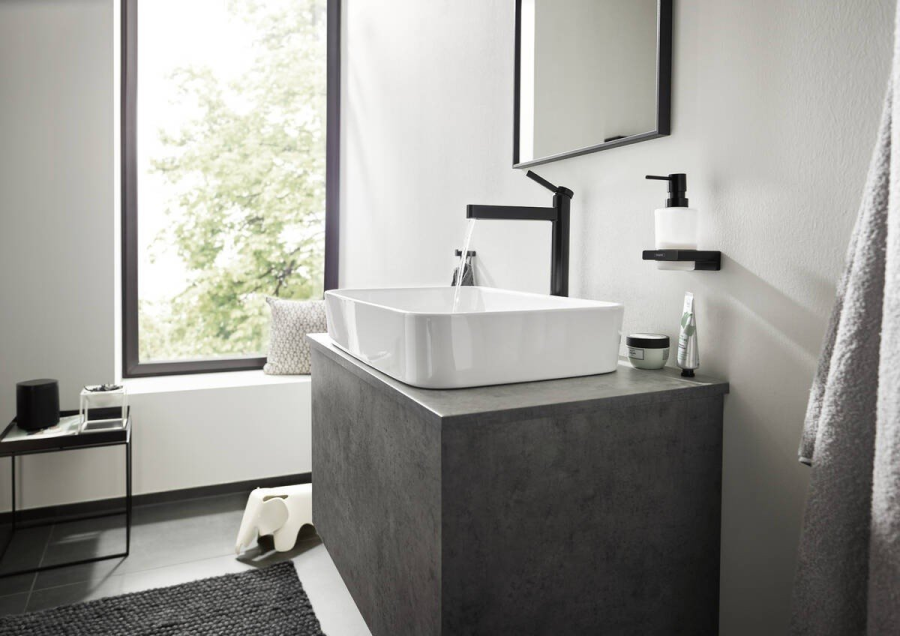 Cмеситель для раковины Hansgrohe Finoris, высокий, однорычажный, со сливным клапаном Push‑Open, цвет черный матовый - изображение 1