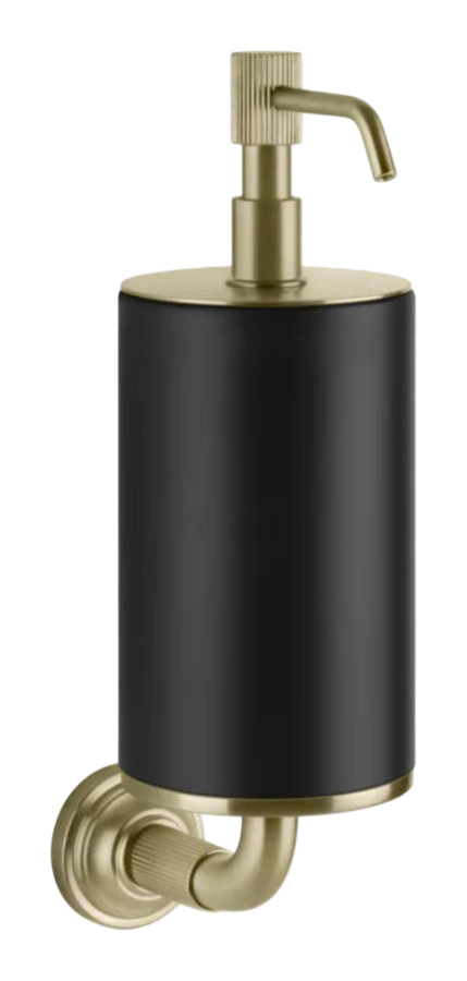Дозатор для жидкого мыла Gessi Venti20, настенный, с чёрной колбой, объём 300 мл, цвет Brushed Brass PVD