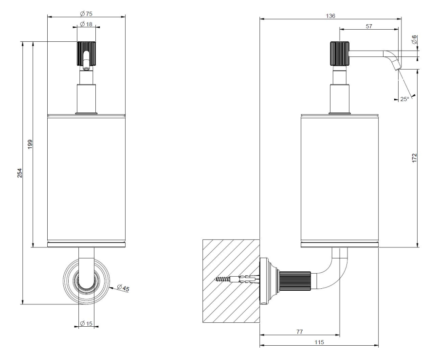Дозатор для жидкого мыла Gessi Venti20, настенный, с чёрной колбой, объём 300 мл, цвет Brushed Brass PVD - изображение 1