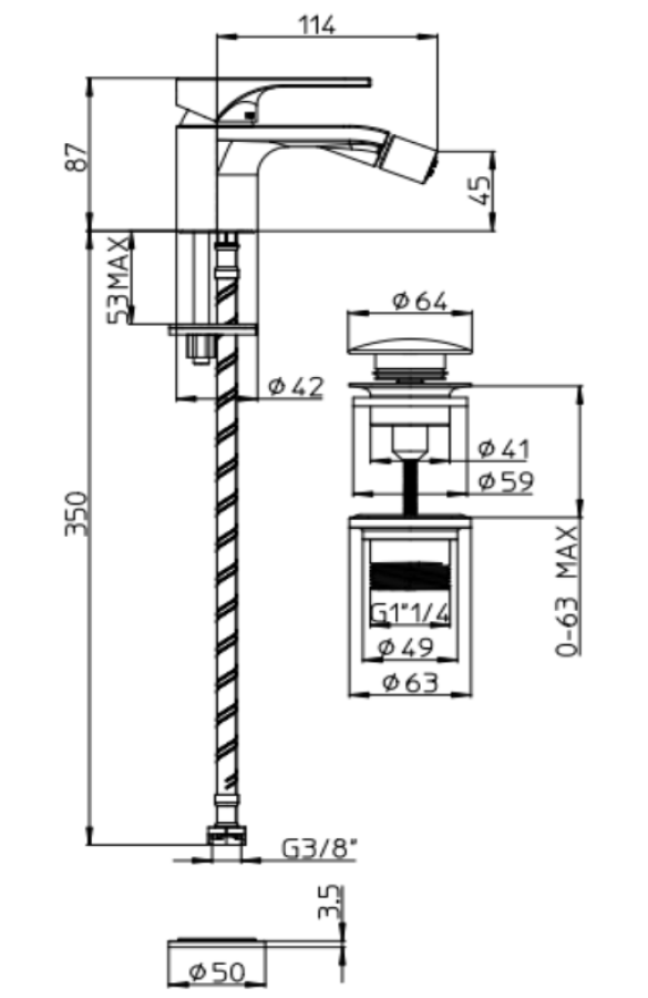 Cмеситель для биде Bossini Apice 2, однорычажный, с цилиндрическим аэратором M16,5 x 1, донный клапан 1”1/4, гибкая подводка из нерж. стали 3/8” F, цвет хром - изображение 1