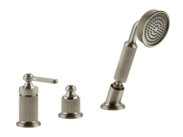 На изображении товар Смеситель для ванны Gessi Venti20, на 3 отверстия, с девиатором, вытяжным ручным душем, шлангом, налив через перелив, цвет Finox Brushed Nickel от официального представителя в Москве