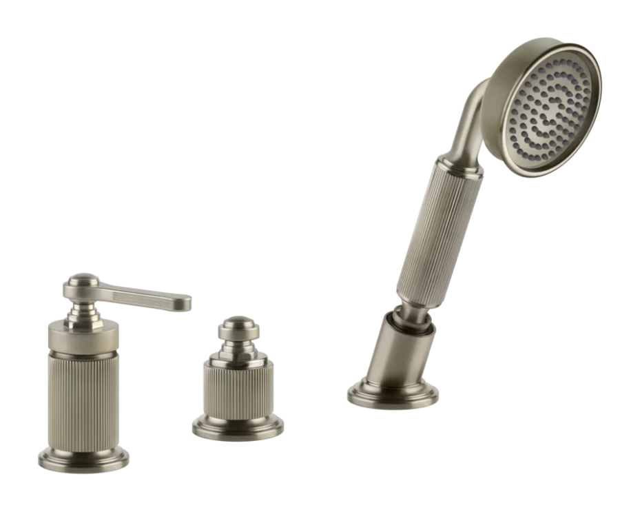 Смеситель для ванны Gessi Venti20, на 3 отверстия, с девиатором, вытяжным ручным душем, шлангом, налив через перелив, цвет Finox Brushed Nickel