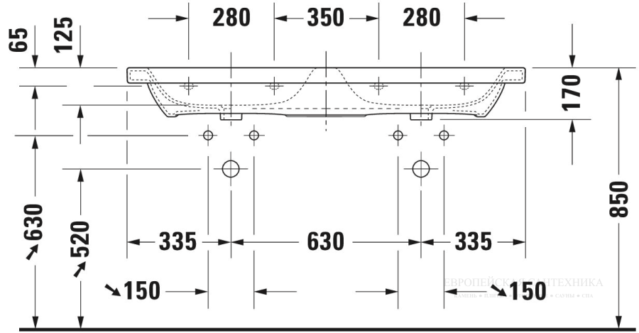 Раковина двойная Duravit DuraStyle для мебели, 1300x480 мм, с 2 отверстиями под смесители, цвет белый - изображение 5