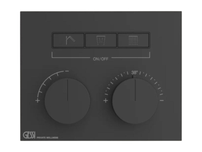 На изображении товар Термостат Gessi HI-FI, с кнопками вкл/выкл, до 3 функций одновременно, внешняя часть, ширина 200 мм, цвет Matte Black от официального представителя в Москве