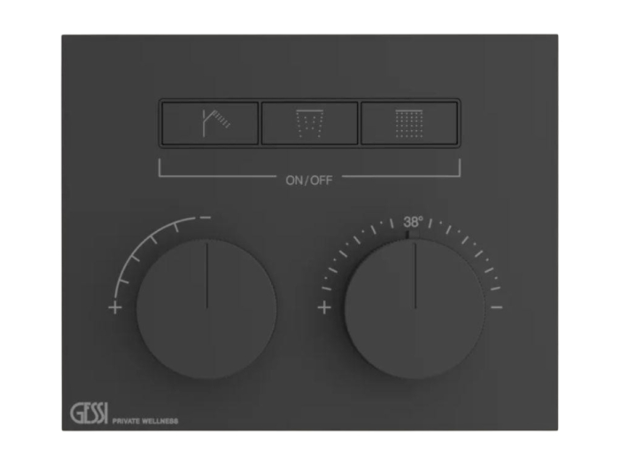 На изображении товар Термостат Gessi HI-FI, с кнопками вкл/выкл, до 3 функций одновременно, внешняя часть, ширина 200 мм, цвет Matte Black от официального представителя в Москве