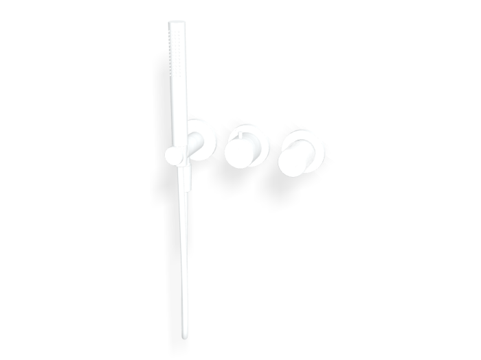 На изображении товар Смеситель для душа Carlo Frattini Spillo Tech, ручка G Collection, на 2 потребителя, с ручным душем, гибким шлангом хромалюкс 1500 мм, внешняя часть, цвет белый матовый от официального представителя в Москве