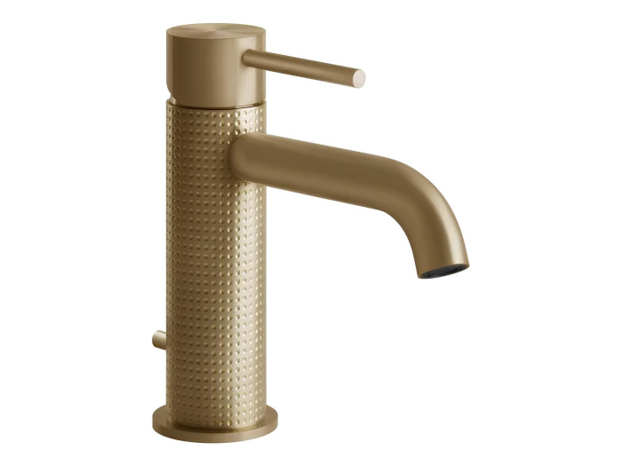 На изображении товар Смеситель для раковины Gessi316, однорычажный, с донным клапаном, цвет Warm Bronze Brushed PVD от официального представителя в Москве