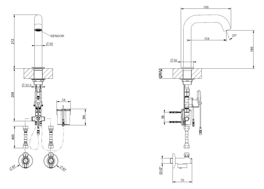 Смеситель Gessi 316 Flessa, электронный, с кран-фильтром для регулировки температуры и напора, Н-212 мм, цвет Steel Brushed - изображение 1