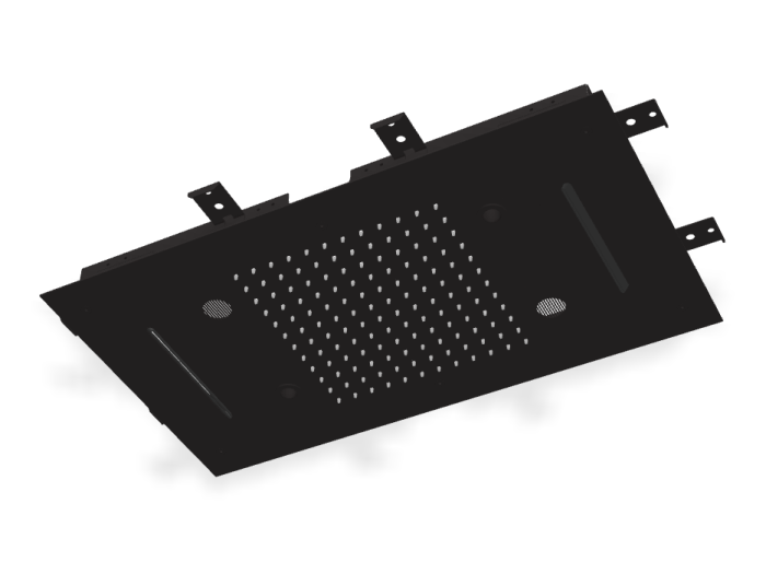 На изображении товар Верхний душ Carlo Frattini Harmonia, потолочный, с защитой от известкового налёта, с LED подсветкой для хромотерапии, пультом, аудио/bluetooth, 700x400 мм, цвет чёрный матовый от официального представителя в Москве