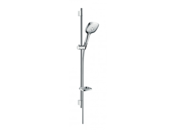 На изображении товар Душевой гарнитур Hansgrohe Raindance Select Е 150 3jet/Unica S Puro, штанга Н.900 мм, ручной душ, мыльница Casetta E, цвет хром от официального представителя в Москве