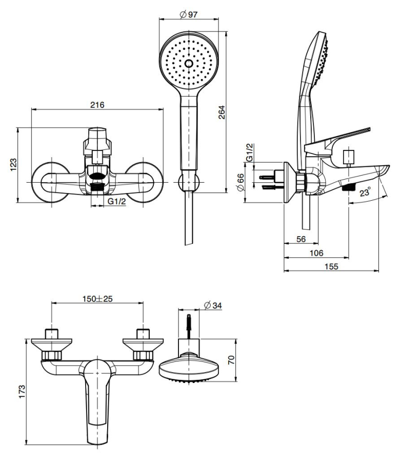 Смеситель для ванны Carlo Frattini Serie 4, настенный, с душевым комплектом, глубина 173 мм, цвет хром - изображение 1