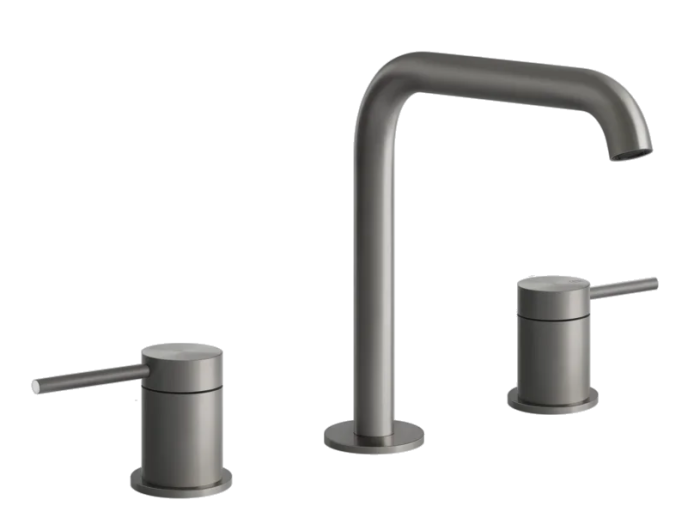 На изображении товар Смеситель для раковины Gessi316 Flessa, на 3 отверстия, средний, без донного клапана, цвет Steel Brushed от официального представителя в Москве