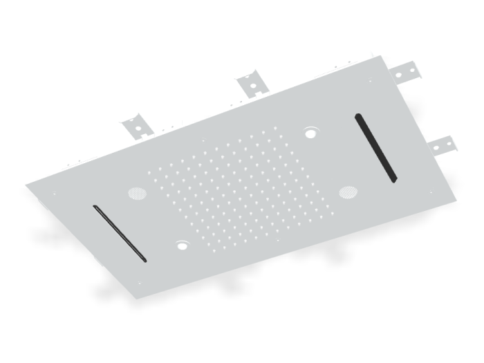 На изображении товар Верхний душ Carlo Frattini Harmonia, потолочный, с защитой от известкового налёта, с LED подсветкой для хромотерапии, пультом, аудио/bluetooth, 700x400 мм, цвет белый матовый от официального представителя в Москве