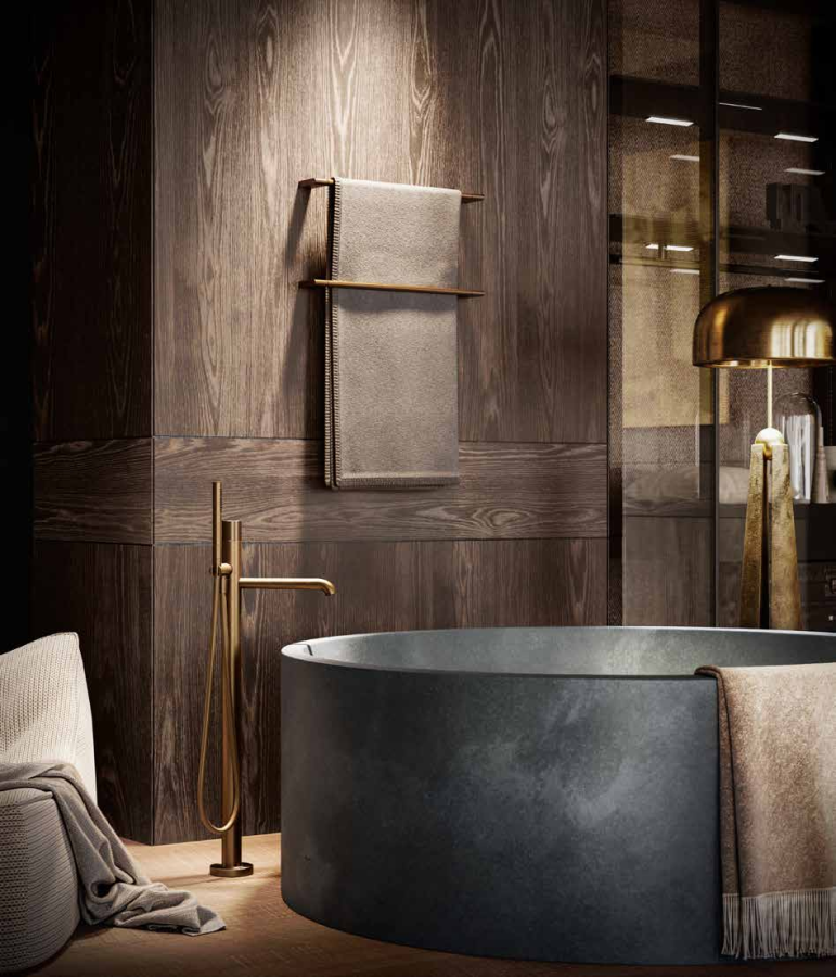 Cмеситель для ванны Gessi Habito, напольный, встраиваемый, с ручным душем, цвет Brushed Brass PVD - изображение 1