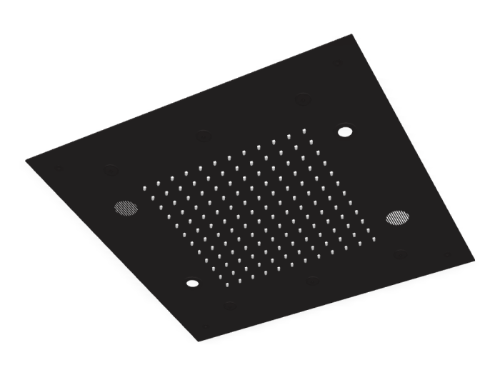 На изображении товар Верхний душ Carlo Frattini Harmonia, потолочный, с защитой от известкового налёта, с LED подсветкой для хромотерапии, пультом, аудио/bluetooth, 500x500 мм, цвет чёрный матовый от официального представителя в Москве