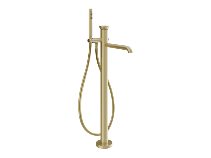 На изображении товар Смеситель для ванны Gessi Origini, напольный, с душевой лейкой, внешняя часть, цвет Brushed Brass PVD от официального представителя в Москве