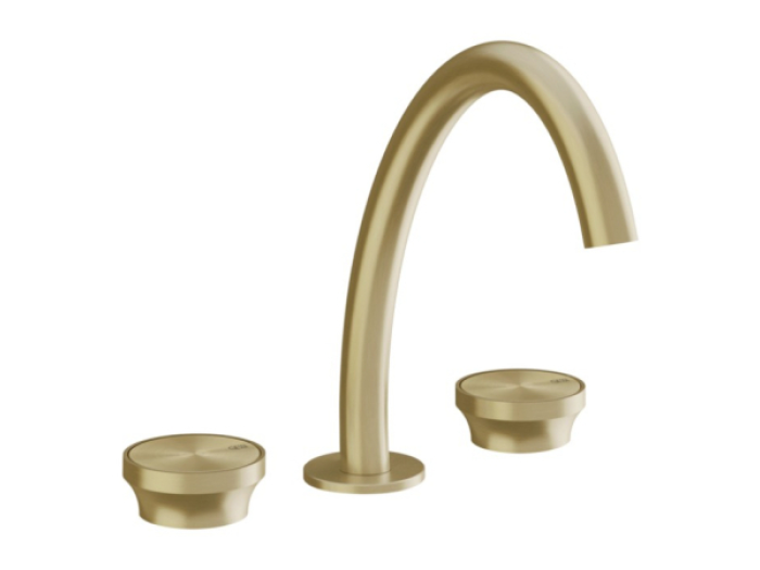 На изображении товар Смеситель для раковины Gessi Origini, средний, на 3 отверстия, без донного клапана, в комплекте отделочная вставка, цвет Brushed Brass PVD от официального представителя в Москве