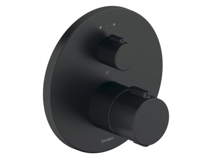 На изображении товар Термостат Duravit Thermostatic, на 2 потребителя, круглая накладка Ø 170 мм, латунь, внешняя часть, цвет чёрный матовый от официального представителя в Москве