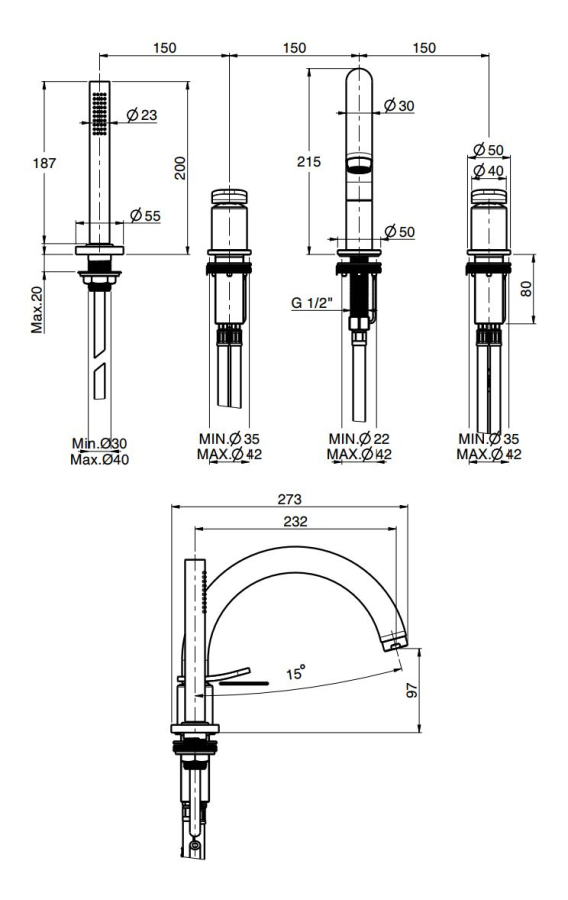Смеситель для ванны Carlo Frattini Flo, на борт, с изливом, вытяжным ручным душем, держателем, нейлоновым шлангом 1500 мм, цвет золото - изображение 3