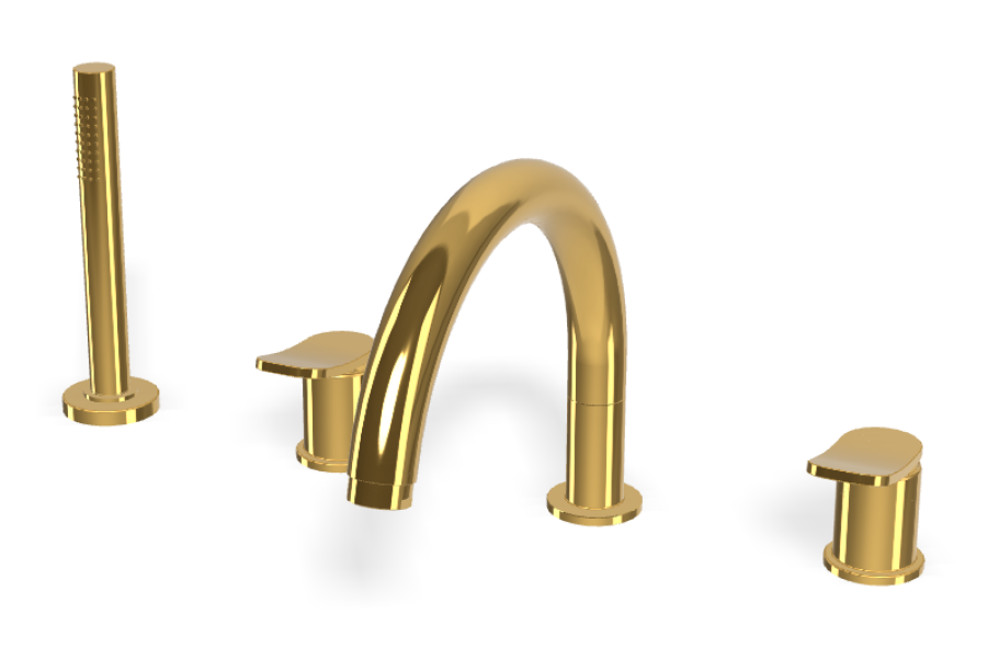 Смеситель для ванны Carlo Frattini Flo, на борт, с изливом, вытяжным ручным душем, держателем, нейлоновым шлангом 1500 мм, цвет золото