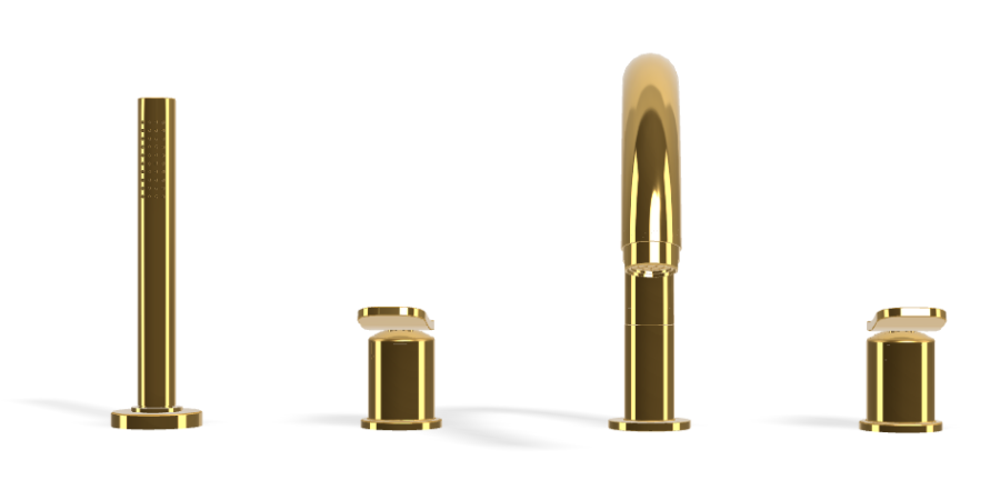 Смеситель для ванны Carlo Frattini Flo, на борт, с изливом, вытяжным ручным душем, держателем, нейлоновым шлангом 1500 мм, цвет золото - изображение 1