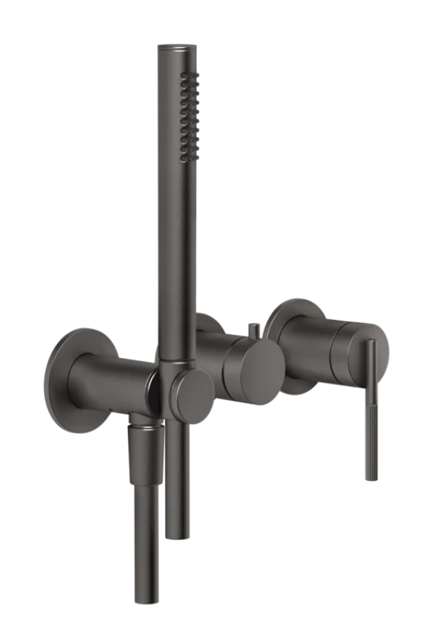 Смеситель для ванны Gessi Ingranaggio, настенный, на 2 потребителя, с ручным душем, встраиваемый, цвет Black Metal Brushed PVD