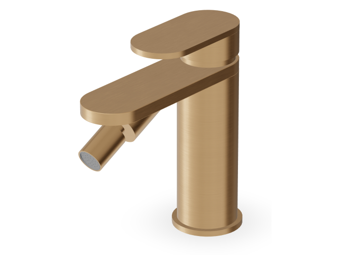 На изображении товар Смеситель Zucchetti Octo, для биде, однорычажный, с аэратором, гибкие шланги, донный клапан, цвет Brushed British Gold PVD от официального представителя в Москве