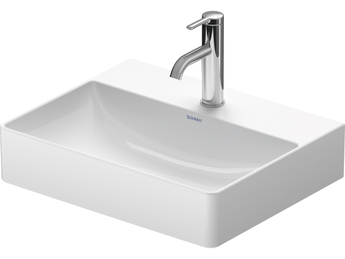 На изображении товар Раковина Duravit DuraSquare компакт с шлифованным низом, 500x400 мм, без перелива, с 1 отверстием под смеситель, цвет белый с покрытием WonderGliss от официального представителя в Москве