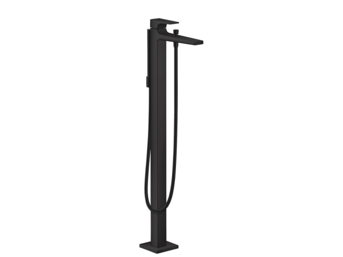 На изображении товар Смеситель напольный для ванны Hansgrohe Metropol, однорычажный, с рычаговой рукояткой, цвет Чёрный матовый от официального представителя в Москве