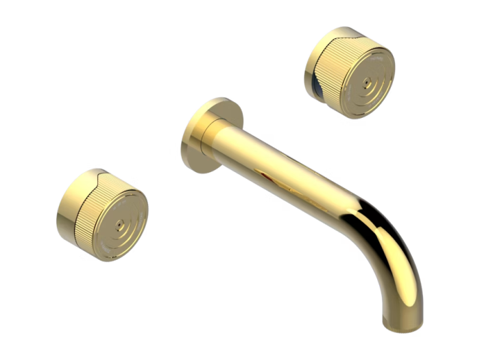 На изображении товар Смеситель для раковины THG Zoom.5, на 3 отверстия, встраиваемый в стену, с трубчатым изливом, внешняя часть, цвет Polished gold от официального представителя в Москве