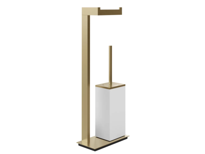 На изображении товар Cтойка Gessi Rettangolo, напольная, с бумагодержателем и ёршиком, цвет White/Warm Bronze Brushed PVD от официального представителя в Москве