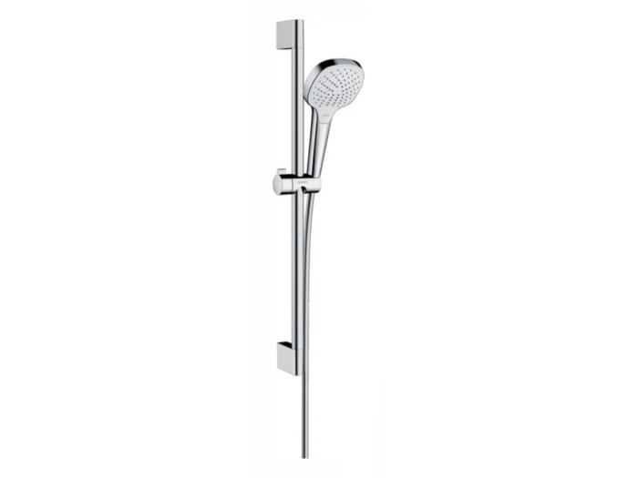 На изображении товар Душевой гарнитур Hansgrohe Croma Select E Vario: штанга 0, 65м, душ ручной, шланг Isiflex 1, 65 м, цвет белый/хром от официального представителя в Москве