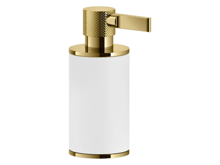 На изображении товар Дозатор Gessi Inciso, ø75х191 мм, настольный, цвет White/Gold PVD от официального представителя в Москве