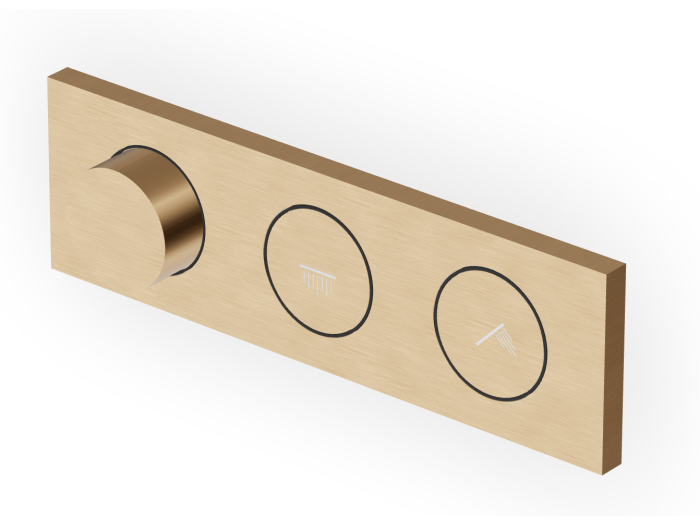 На изображении товар Термостат Zucchetti Hoop для душа, встраиваемый, на 2 потребителя, внешняя часть, цвет Brushed British Gold PVD от официального представителя в Москве