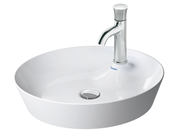 На изображении товар Раковина Duravit Cape Cod накладная, ø 480 мм, с площадкой и с 1 отверстием для смесителя, цвет белый шёлково-матовый с покрытием WonderGliss от официального представителя в Москве