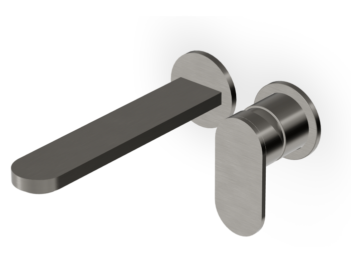 На изображении товар Смеситель Zucchetti Octo, для раковины, встраиваемый, на 2 отверстия, излив 180 мм, с аэратором, внешняя часть, цвет Brushed Metal Black от официального представителя в Москве