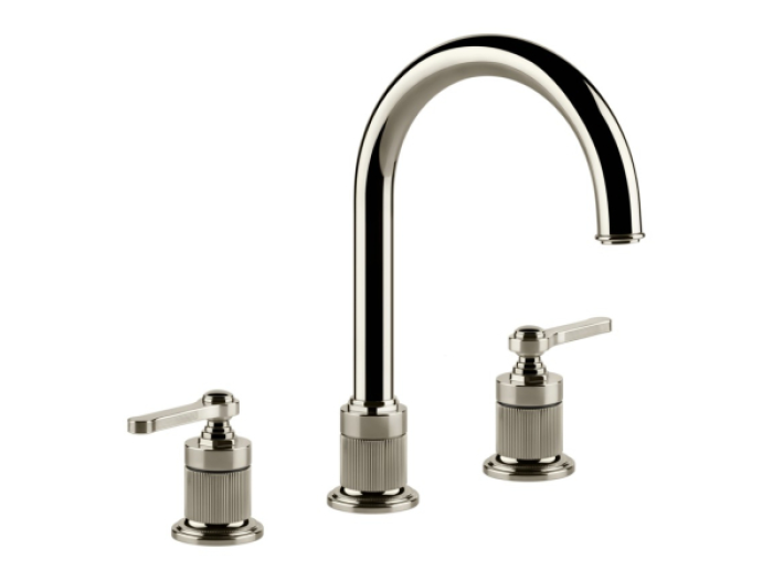 На изображении товар Смеситель для раковины Gessi Venti20, двухрычажный, зонтичный, с соединительными шлангами, без донного клапана, глубина 212 мм, цвет Nickel PVD от официального представителя в Москве