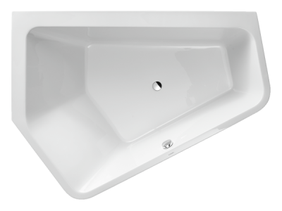 На изображении товар Ванна Duravit Paiova, 1900x1400 мм, в левый угол, с двумя разными наклонами спинки, с бесшовной акриловой панелью и рамой, цвет белый от официального представителя в Москве