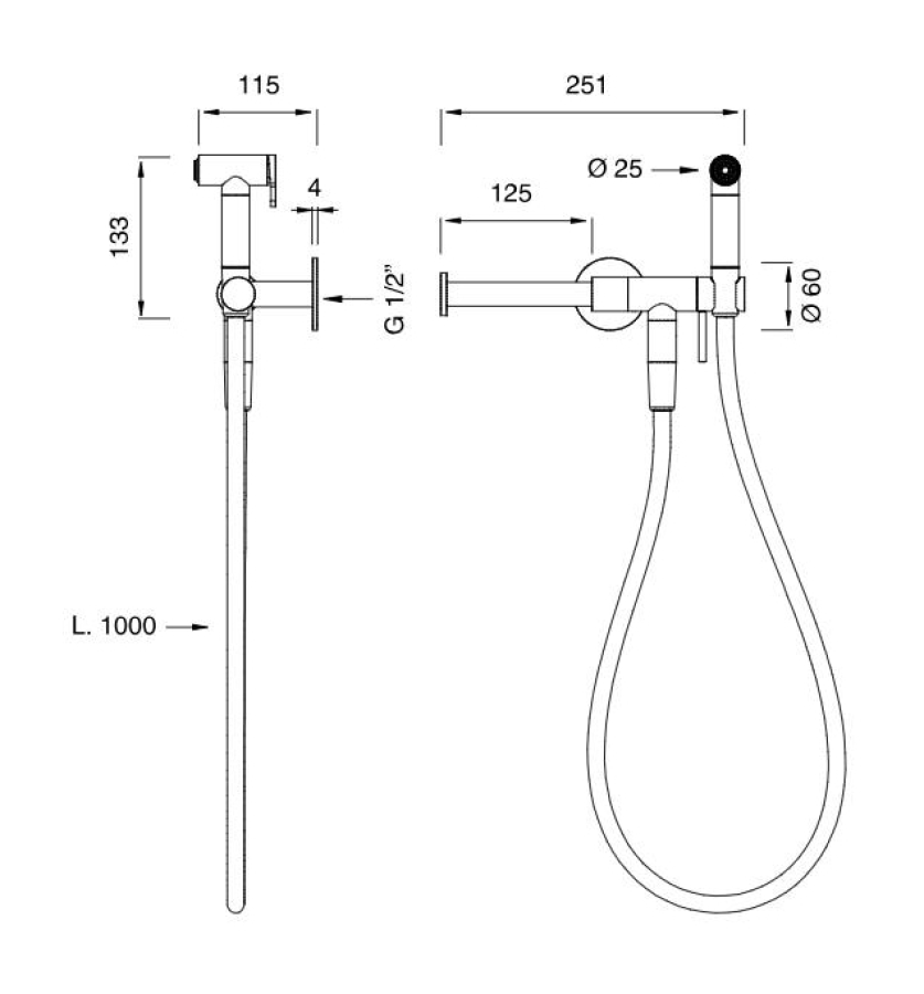 Гигиенический душ CEA Design Free Ideas, настенный держатель с подключением к воде, запорный клапан, бумагодержатель, шланг Black, внешняя часть, цвет сатинированная сталь - изображение 1