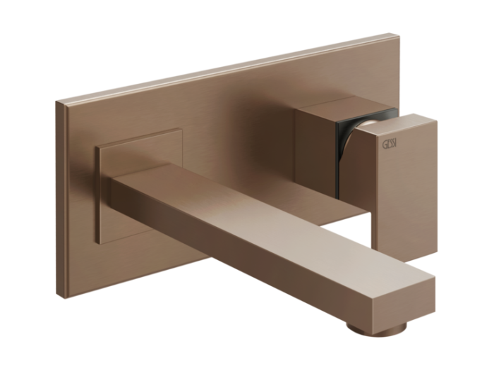 На изображении товар Cмеситель Gessi Rettangolo, настенный, со средним изливом, без донного клапана, внешняя часть, цвет Copper Brushed PVD от официального представителя в Москве