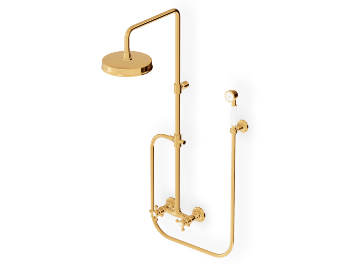 На изображении товар Душевая система Zucchetti Agora: смеситель, стойка с верхним и ручным душами, цвет золото от официального представителя в Москве